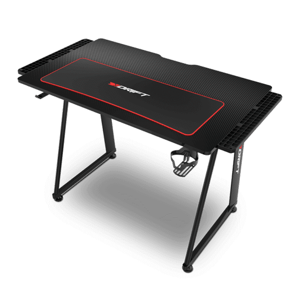 DRIFT GAMING -DRDZ75- Table de Jeu avec Plateau en Fibre de Carbone recouvert d'un Tapis Pleine Grandeur, Support pour Tasses et écouteurs, Pieds réglables, Couleur Noire