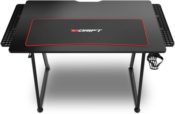 DRIFT GAMING -DRDZ75- Table de Jeu avec Plateau en Fibre de Carbone recouvert d'un Tapis Pleine Grandeur, Support pour Tasses et écouteurs, Pieds réglables, Couleur Noire