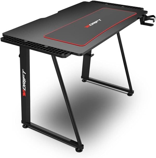 DRIFT GAMING -DRDZ75- Table de Jeu avec Plateau en Fibre de Carbone recouvert d'un Tapis Pleine Grandeur, Support pour Tasses et écouteurs, Pieds réglables, Couleur Noire